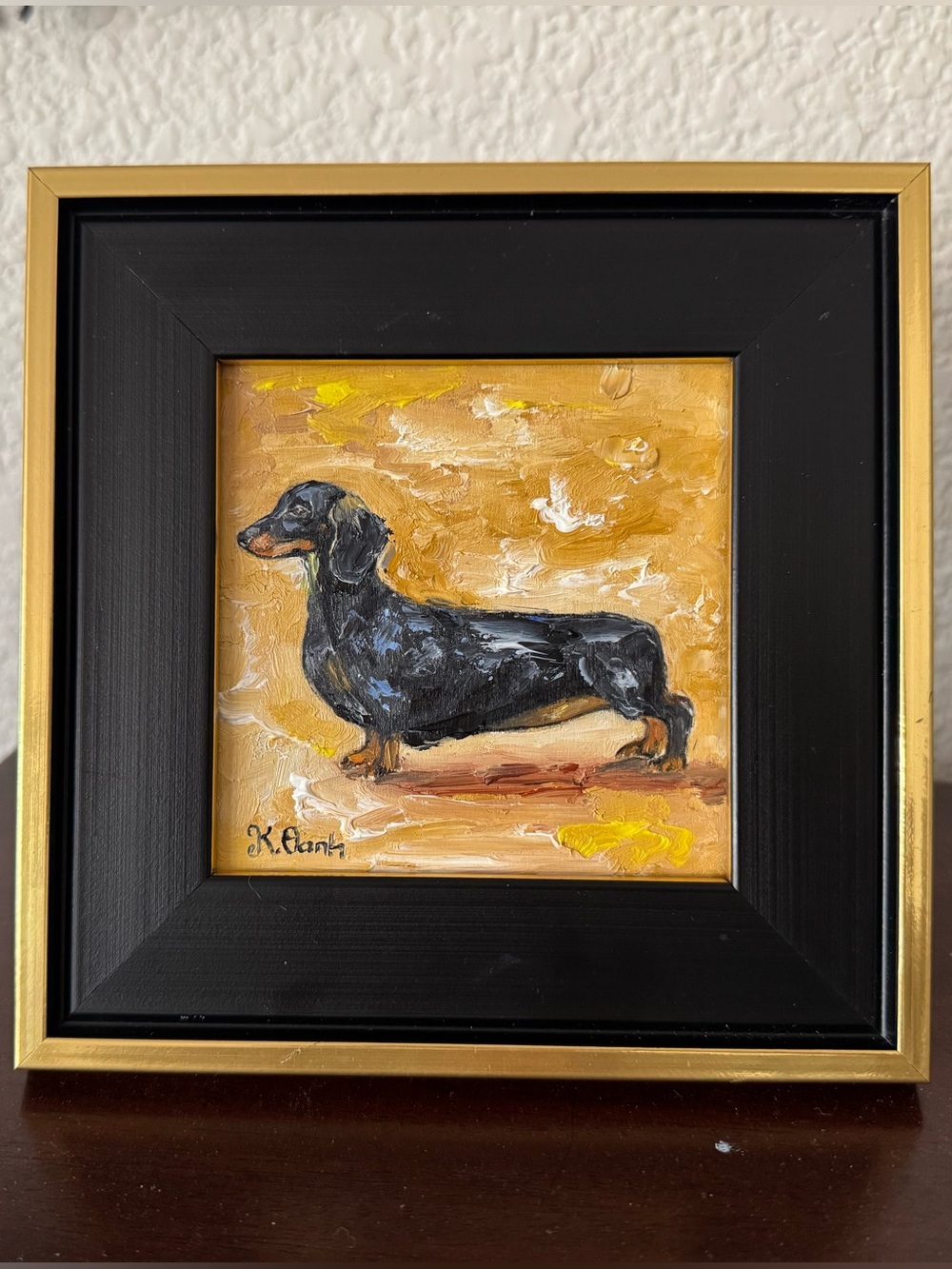 Original oil painting dachshund dog portrait signed framed 4x4 inches